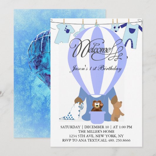 World of Blue Balloons Einladung zum ersten Geburt (Vorne/Hinten)