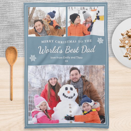 World’s Best Dad 3 Photos Christmas Blue Geschirrtuch