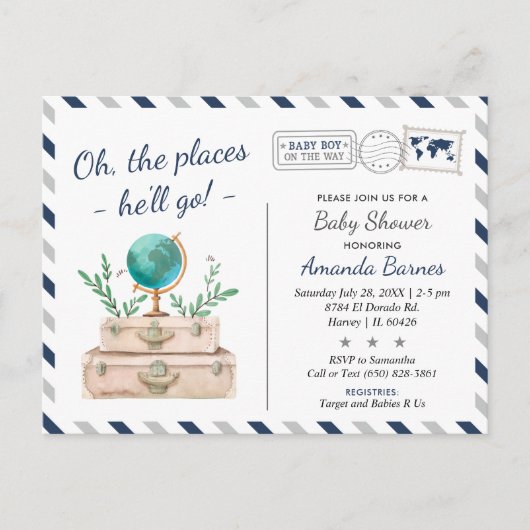 World Travel Adventure Baby Boy Dusche Postkarte (Vorderseite)