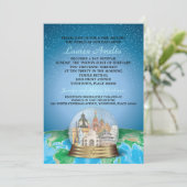 World Travel Bar Bat Mitzvah Snow Globe Einladung (Stehend Vorderseite)