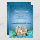 World Travel Bar Bat Mitzvah Snow Globe Einladung (Vorne/Hinten)