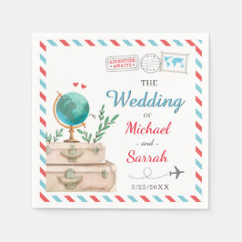 World Travel Globe Suitcases Red Blue Map Hochzeit Serviette