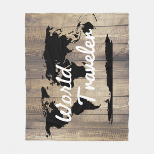World Traveller Black World Map Light Wood Fleecedecke