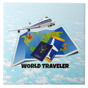 World Traveller - Karte, Reisepass und Fahrkarten, Fliese