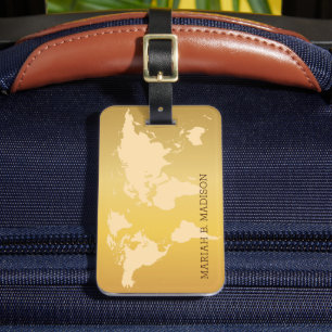 World Traveller map Gold Brush Metal Mit Monogramm Gepäckanhänger