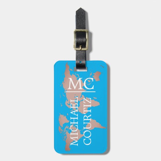 World Traveller Map Metal Mit Monogramm personalis Gepäckanhänger (Vorderseite vertikal)