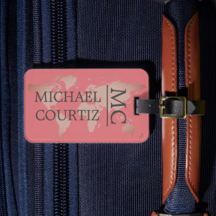 World Traveller Map Metal Mit Monogramm personalis Gepäckanhänger