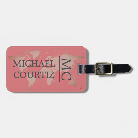 World Traveller Map Metal Mit Monogramm personalis Gepäckanhänger (Vorderseite horizontal)