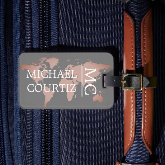 World Traveller Map Metal Mit Monogramm personalis Gepäckanhänger (Vorderseite Insitu 4)