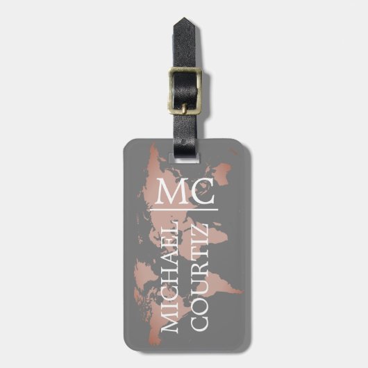 World Traveller Map Metal Mit Monogramm personalis Gepäckanhänger (Vorderseite vertikal)