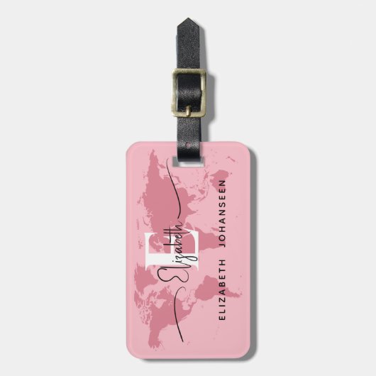 World Traveller Pink Map Modern Girl Monogram Name Gepäckanhänger (Vorderseite vertikal)