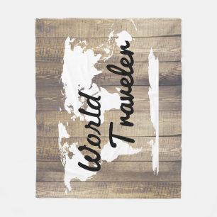 World Traveller White World Map Light Wood Fleecedecke