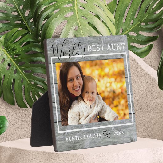 World's Best Aunt Custom Foto Rustic Gray Wood Fotoplatte