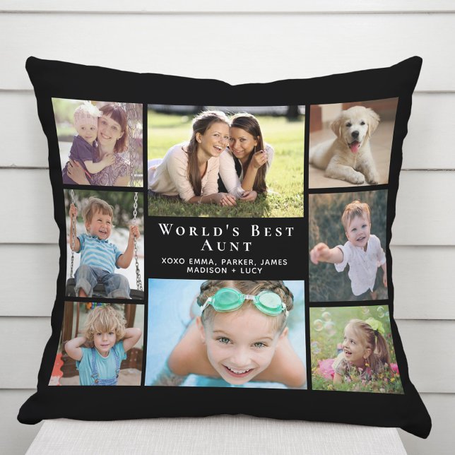 World's Best Aunt Photo Collage Personalized Black Kissen (Von Creator hochgeladen)