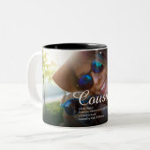 World's Best Ever Cousin Definition Script Foto Zweifarbige Tasse (Vorderseite Links)
