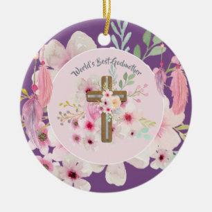 World's Best GODMOTHER POEM - Floral Cross Keramik Ornament