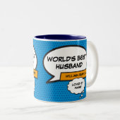 World's Best Husband Blue Cool Fun Comic Book Zweifarbige Tasse (VorderseiteRechts)