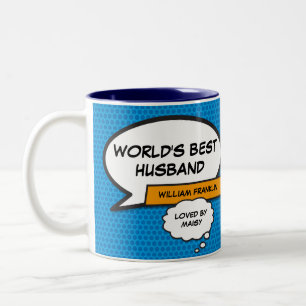 World's Best Husband Blue Cool Fun Comic Book Zweifarbige Tasse