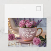 World's Best Mom: Pink Teacup Filled with Roses Postkarte (Vorne/Hinten)