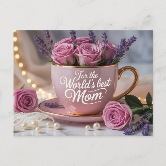World's Best Mom: Pink Teacup Filled with Roses Postkarte (Vorderseite)