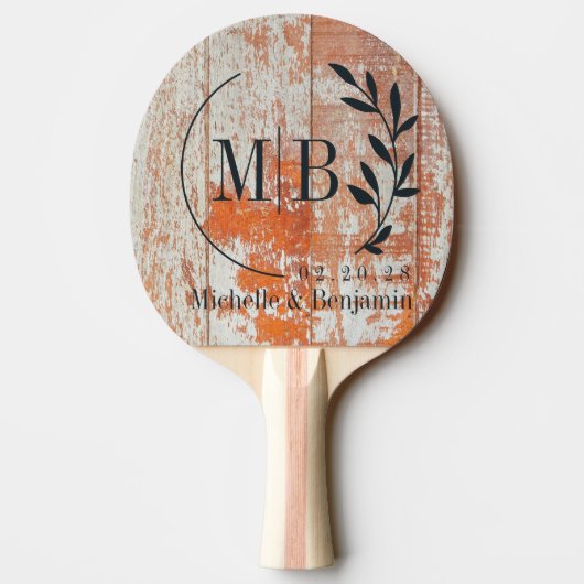 Worn Barn Wood Leaf Wedding Monogram Tischtennis Schläger (Rückseite)