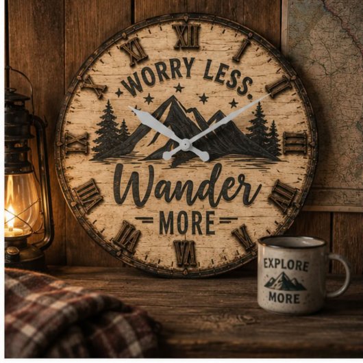 Worry Less Wander More Rustic Mountain Cabin Große Wanduhr