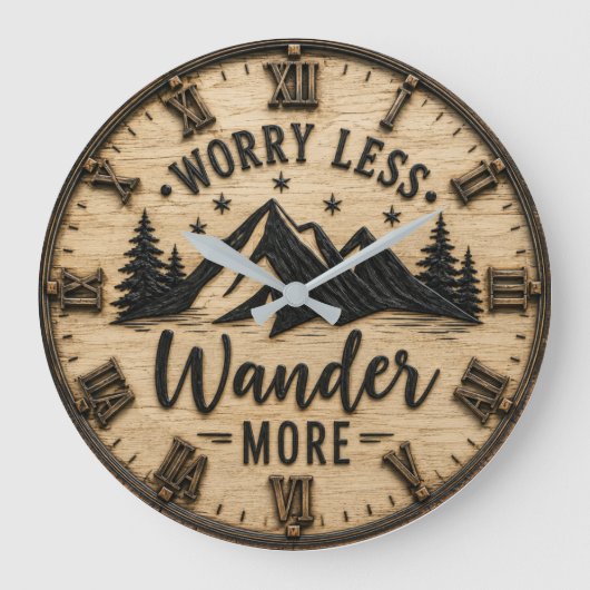 Worry Less Wander More Rustic Mountain Cabin Große Wanduhr (Vorderseite)