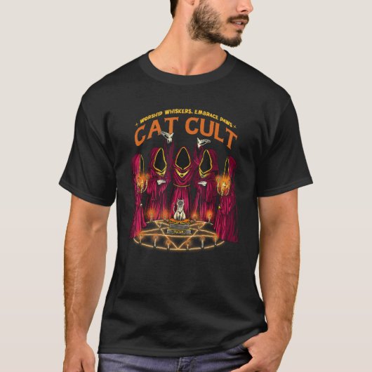 Worship Whiskers Embrace Paws Cat Cult Occult Pun T-Shirt (Vorderseite)