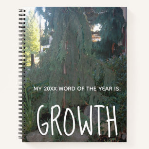 Wort 2018 des Jahr-Wachstums mit üppigem Baum-Foto Notizbuch