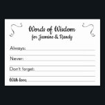 Wörter der Weisheitseiratgeber Karten Personalisie<br><div class="desc">Diese personalisierten Ratschläge sind das perfekte Kompliment für Ihre Hochzeitsfeier oder Hochzeitsdusche. Dieses Design vereint schwarze Schriftart mit Stahlgrau-Akzenten. Die Karte hat Platz,  um sich in Sachen wie "Always" do,  "Never" do und "Don't vergiss" beraten zu verlass zu lassen.</div>