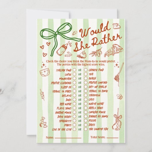 Would She Rather Baby Shower Game in Red Green (Vorderseite)