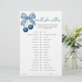 Would she rather Blue Bow Bridal Shower Game (Stehend Vorderseite)
