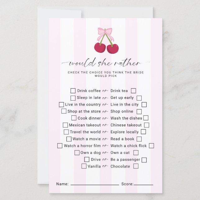 Would She Rather Bridal Shower Game Coquette (Vorderseite)