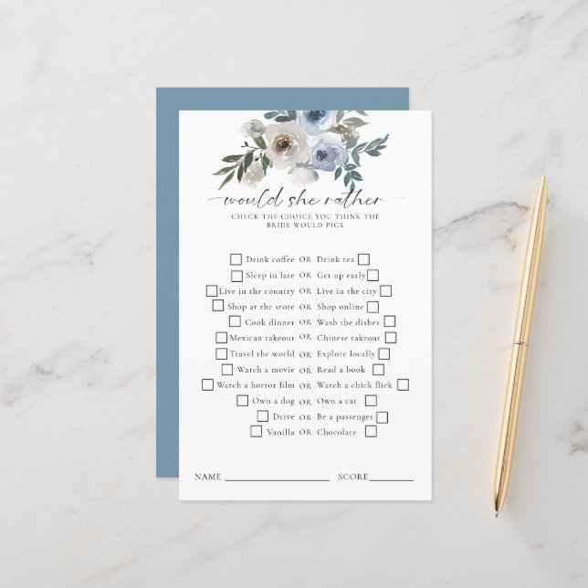 Would She Rather Bridal Shower Game Dusty Blue (Vorderseite/Rückseite Beispiel)