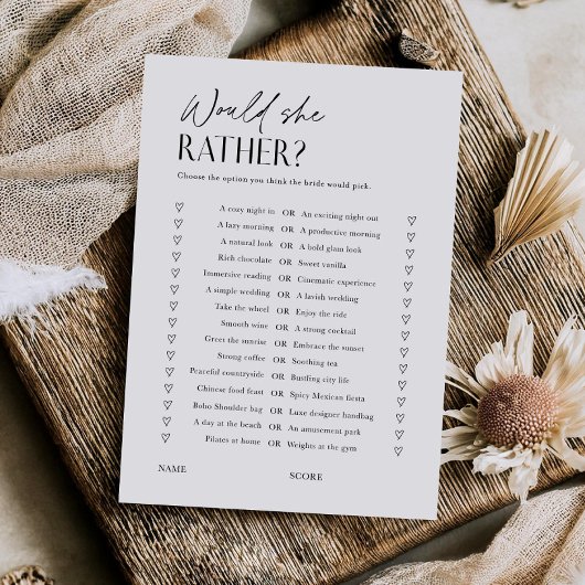 Would She Rather Bridal Shower Game Trivia Card Einladung