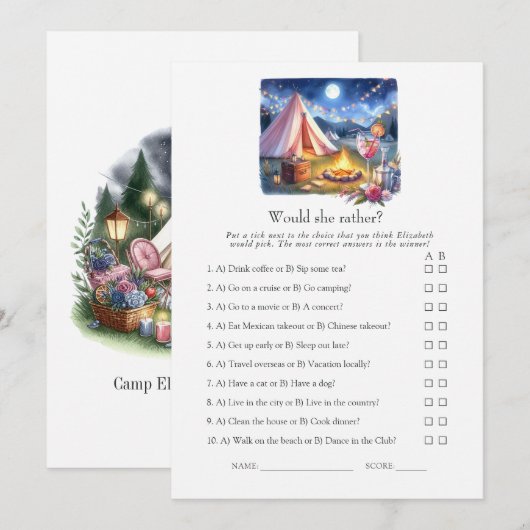 Would She Rather Camp Bachelorette Weekend Game Einladung (Vorne/Hinten)