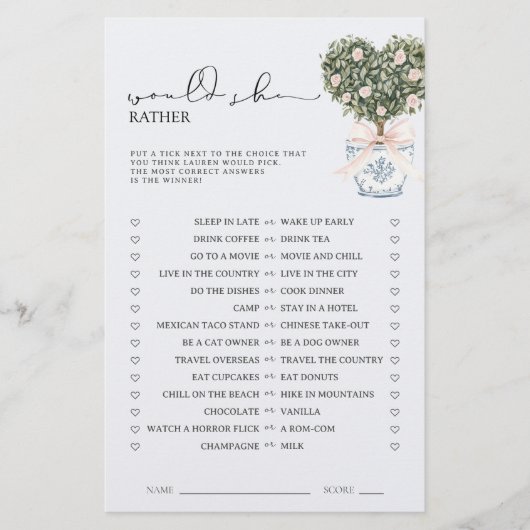 Would She Rather Chinoiserie Pink Shower Game (Vorderseite)