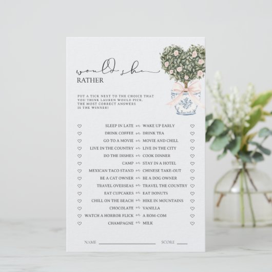 Would She Rather Chinoiserie Pink Shower Game (Stehend Vorderseite)