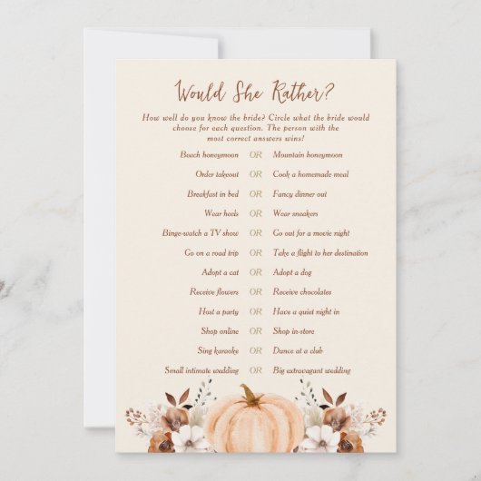 Would She Rather Fall Bridal Shower Game Card Einladung (Vorderseite)