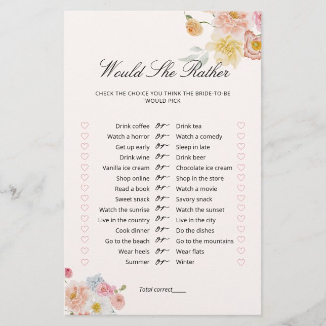 Would She Rather Floral Bridal Shower Game  (Vorderseite)