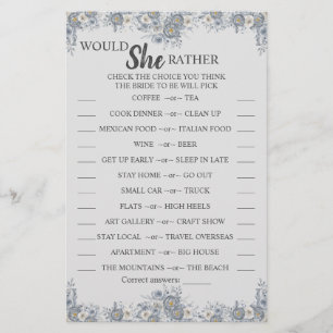 Would She Rather Grey Bridal Shower Game Card Flyer