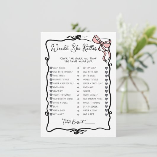 Would She Rather Hand Drawn Bow Bridal Shower game Einladung (Stehend Vorderseite)