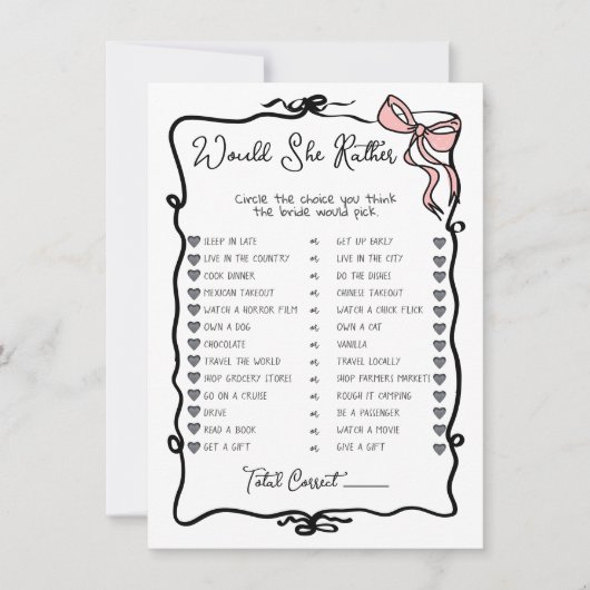 Would She Rather Hand Drawn Bow Bridal Shower game Einladung (Vorderseite)