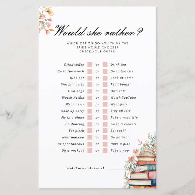 Would She Rather New Chapter Bridal Shower Game (Vorderseite)