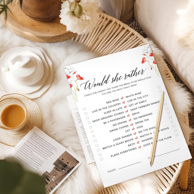Would She Rather Red Watercolor Bridal Shower Game (Von Creator hochgeladen)