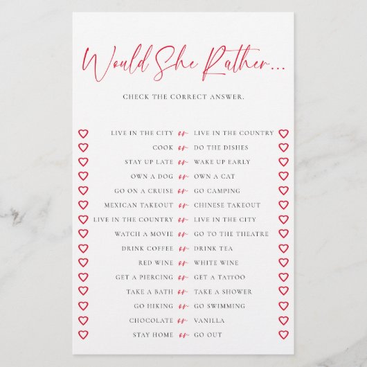 Would She Rather Valentine Chic Bridal Shower Game Flyer (Vorne)