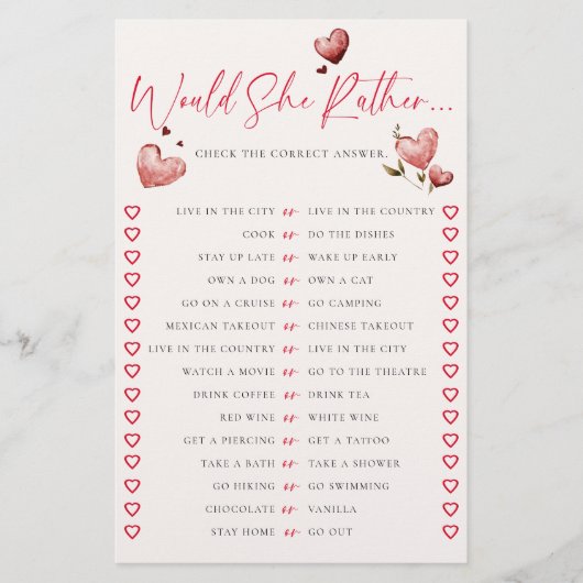 Would She Rather Valentine Vine Bridal Shower Game Flyer (Vorne)