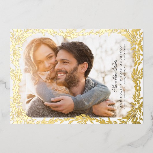 Woven Gold Leaf Rahmen Foto Hochzeit speichern das Folieneinladung (Vorderseite)