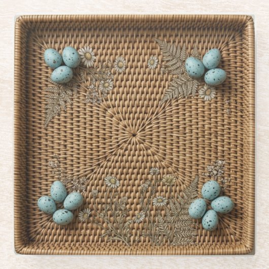 Woven Rattan & Blue Bird Eggs Square Glass Coaster Glasuntersetzer (Vorderseite)
