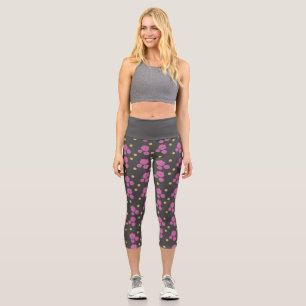Wow! Elegantes, dunkelgraues und rosa Blume-Muster Capri Leggings